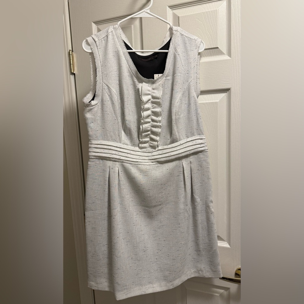 White Textured Tweed Dress Sleeveless Pleated Career